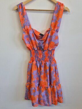 PrettyLittleThing Floral Smocked Mini Dress NWT Size 12 Bright Orange Purple